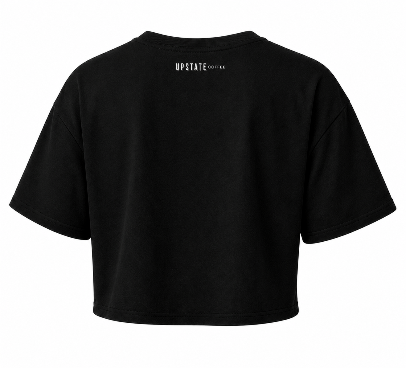 back of Black crop top with 'Upstate Coffee' logo on the back against a white background