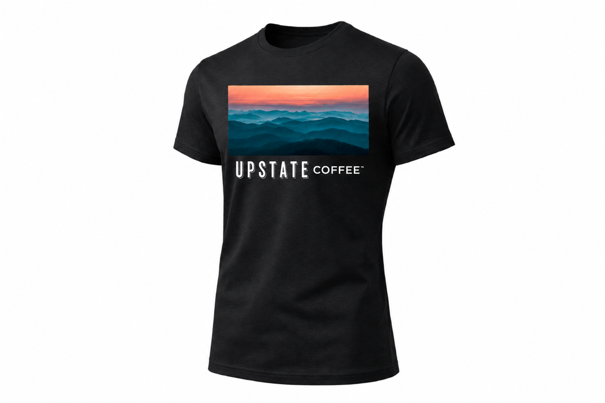 Black mountain scene t-shirt with 'Upstate Coffee' graphic on a white background