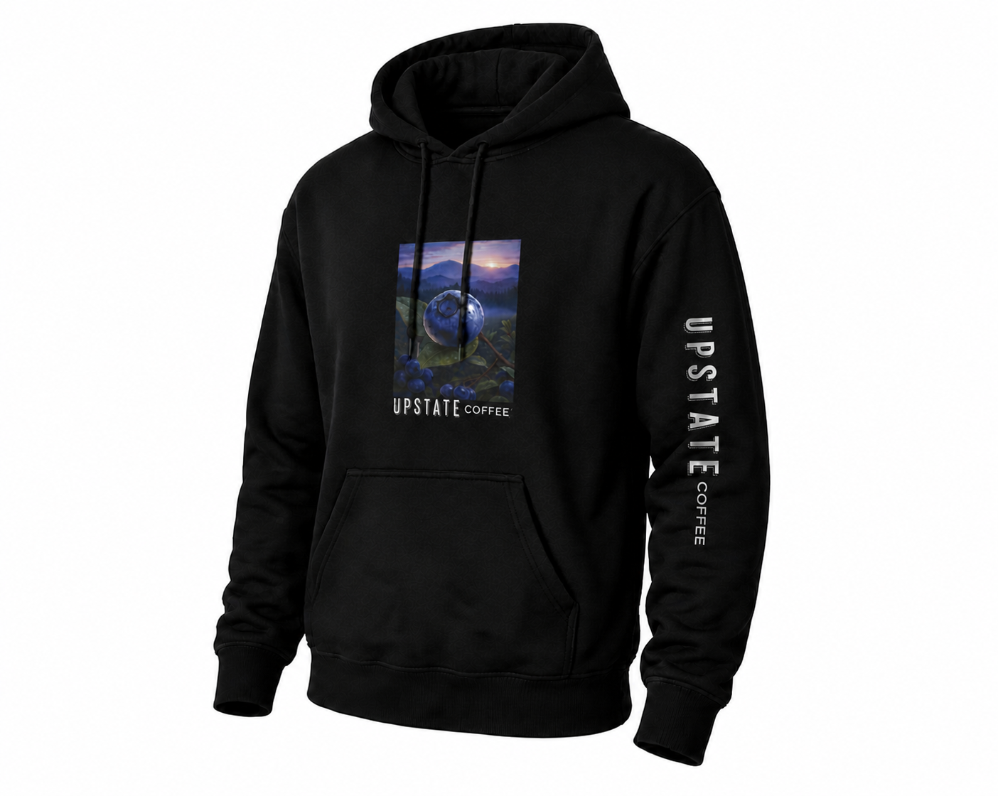 Black hoodie with 'Upstate Coffee' Blueberry graphic on a white background