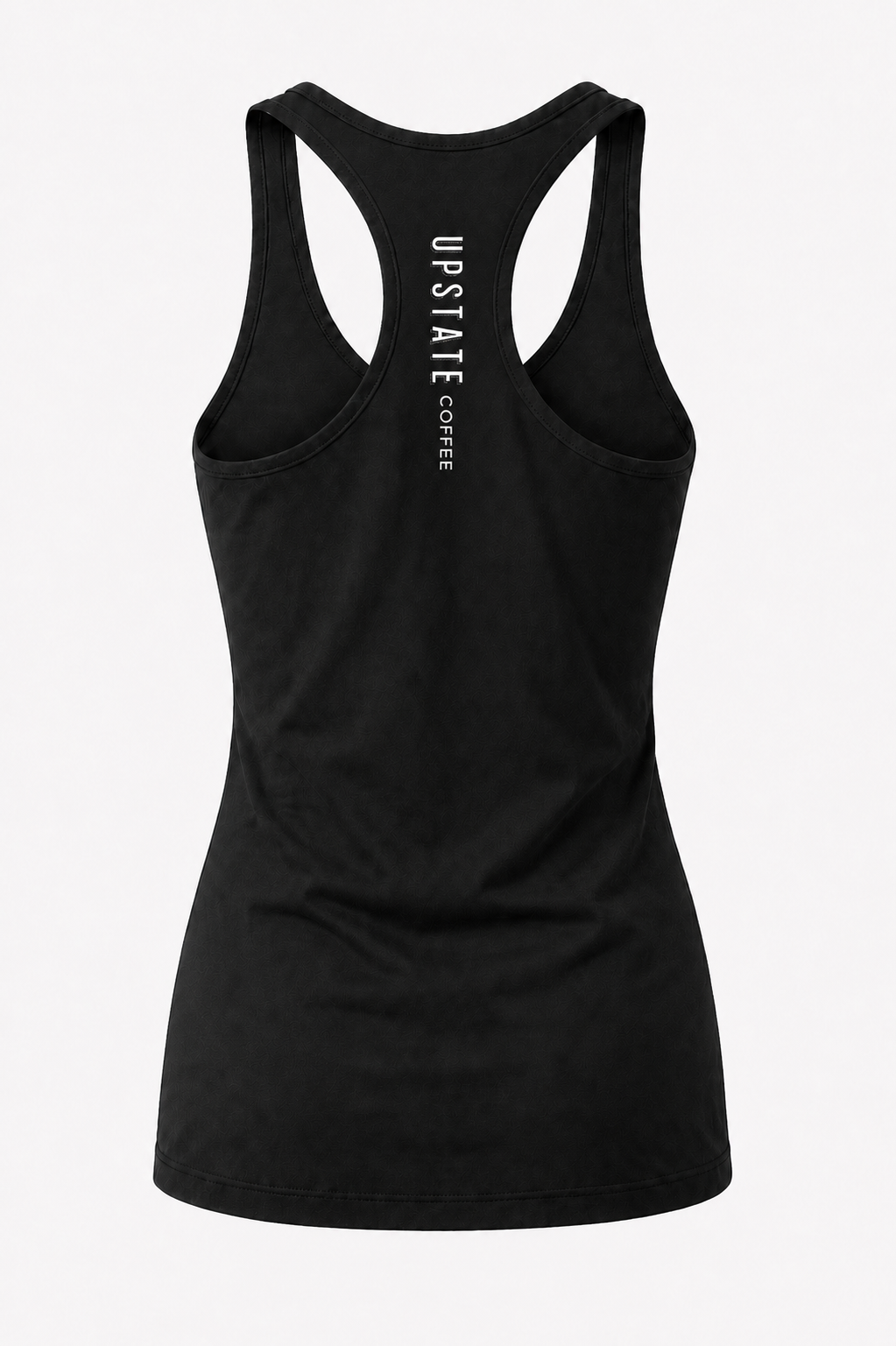 back of Black tank top with 'UPSTATE' text on a white background