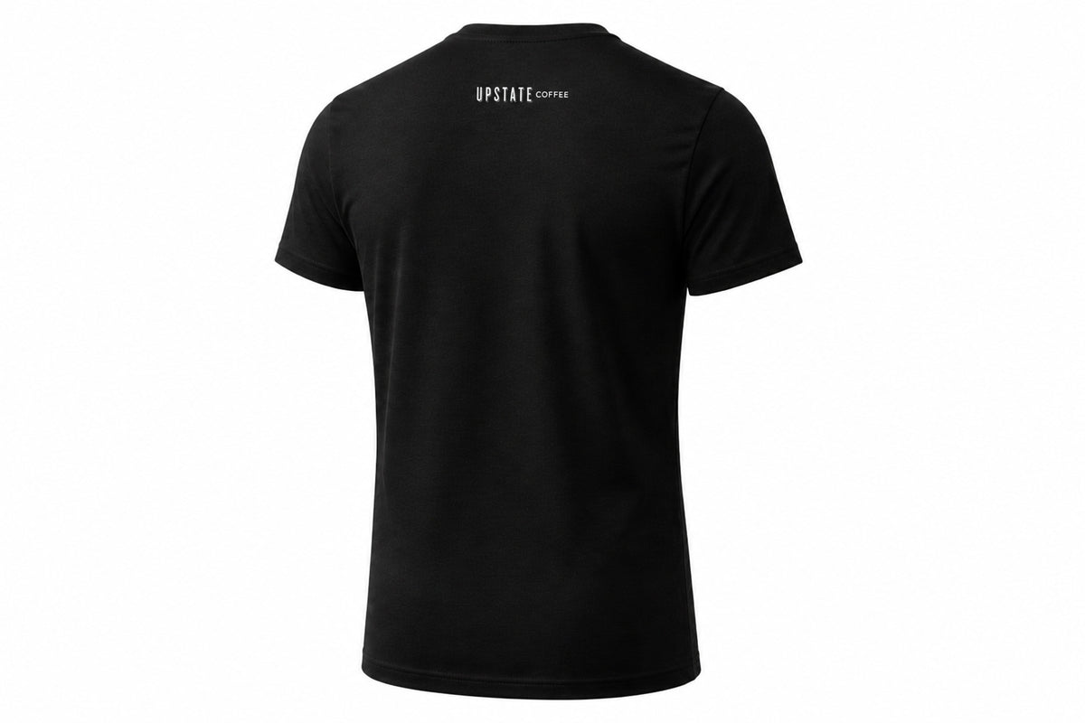 Back of a Black t-shirt with 'Upstate Coffee' logo on the back against a white background