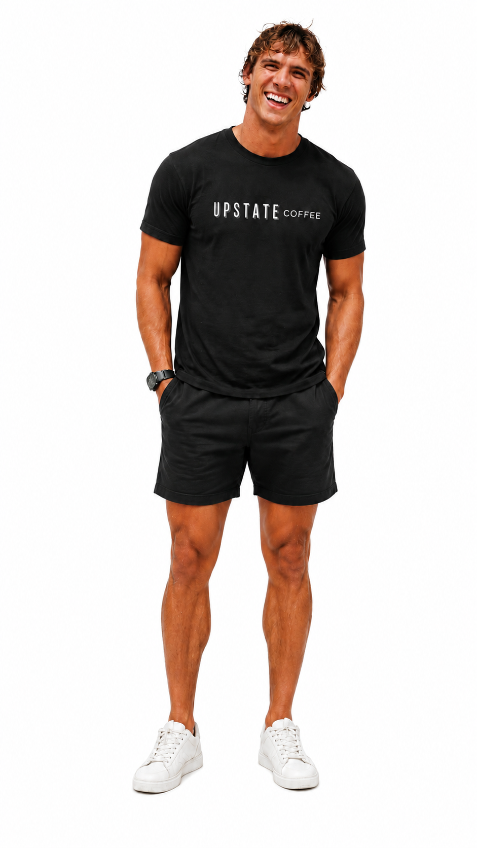 Male Model wearing a black t-shirt and shorts with 'Upstate Coffee' branding on a white background
