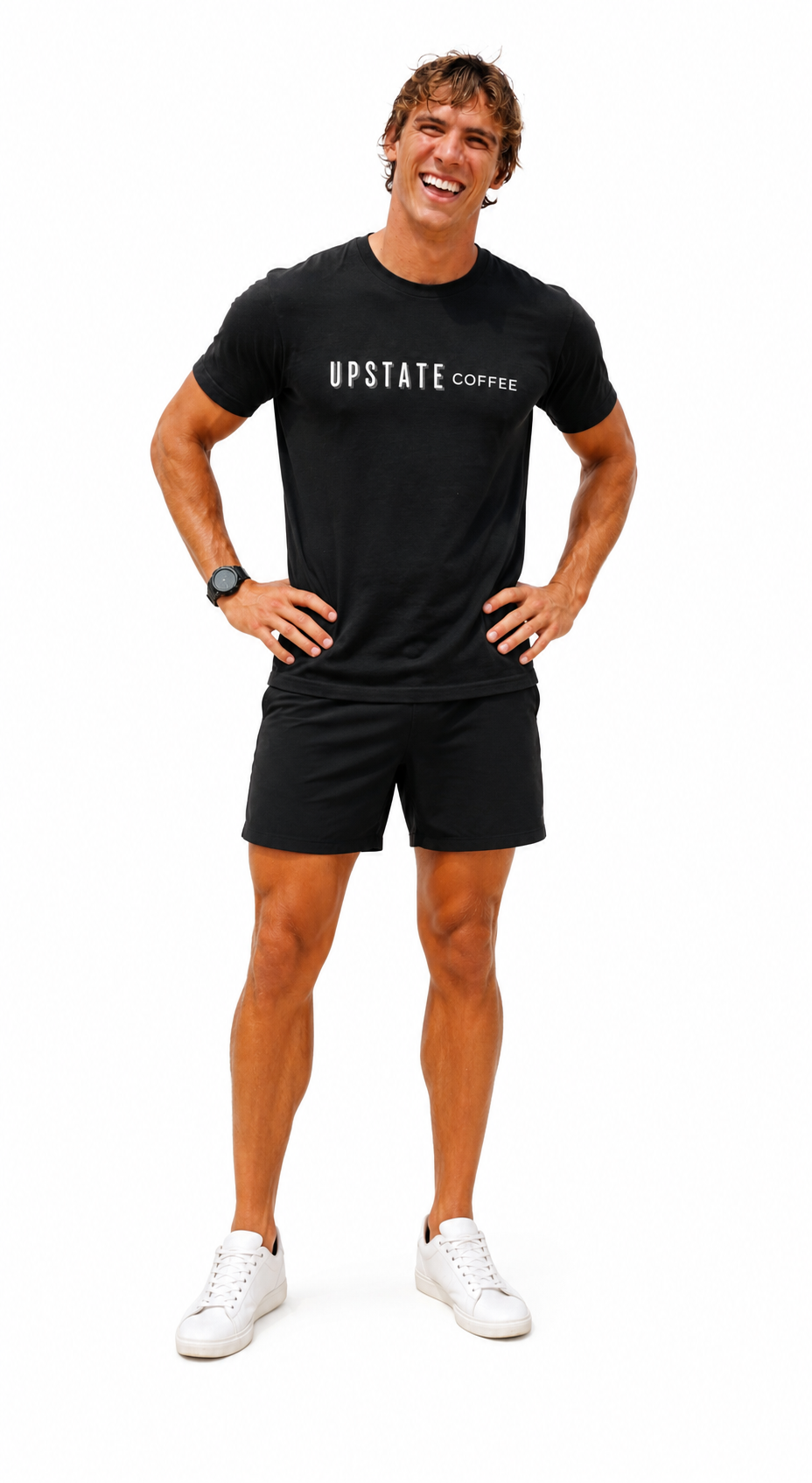 Male Model wearing a black t-shirt and shorts with 'Upstate Coffee' branding on a white background