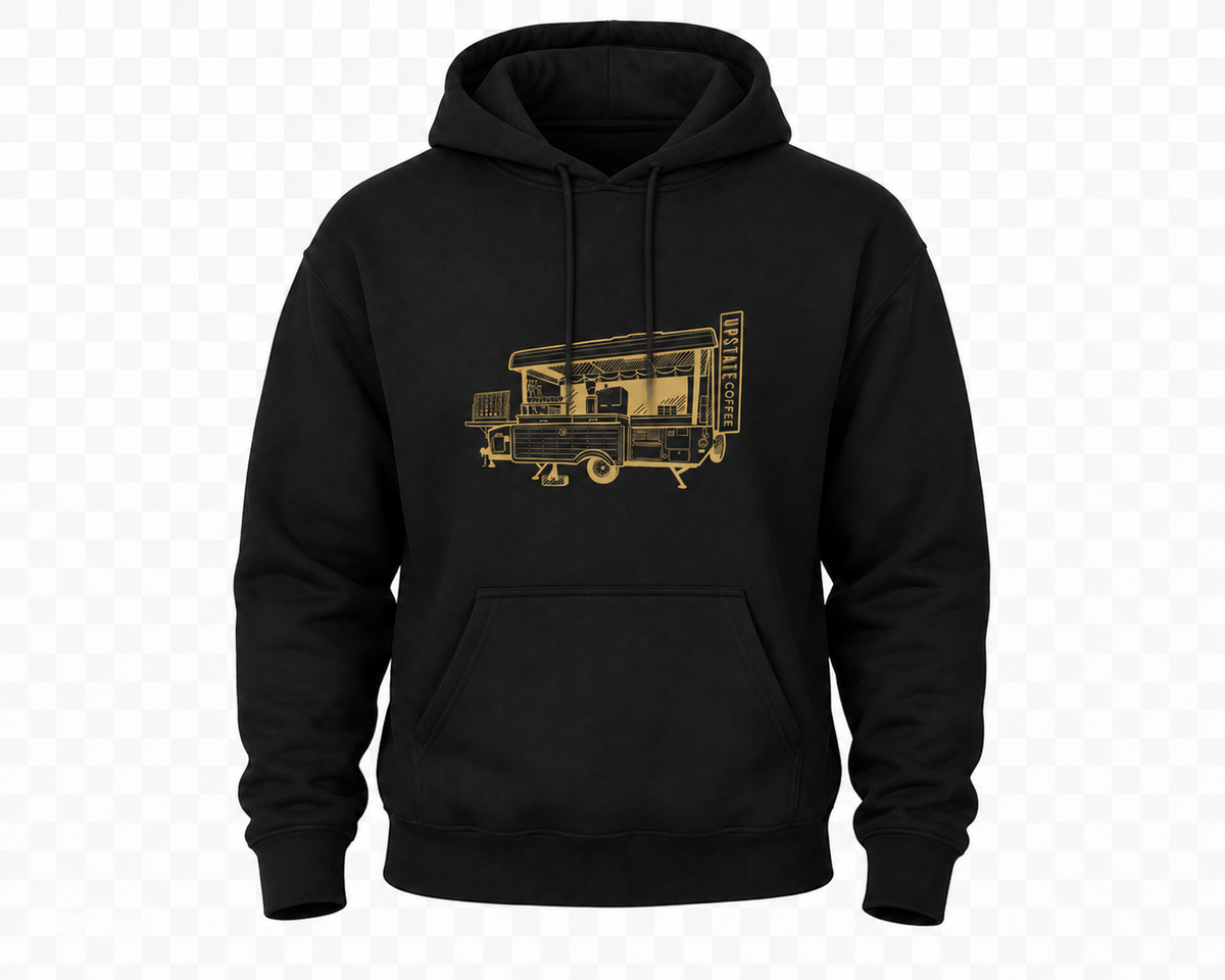 black Upstate Coffee Hoodie with original camper cafe transparent background