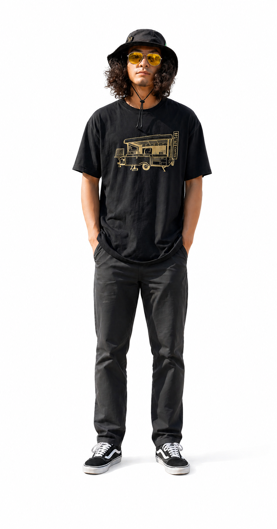 cool vibe model wearing a black t-shirt and sunglasses with a Original Upstate Coffee Camper Café T-Shirt graphic design, black pants, and a black hat on a white background