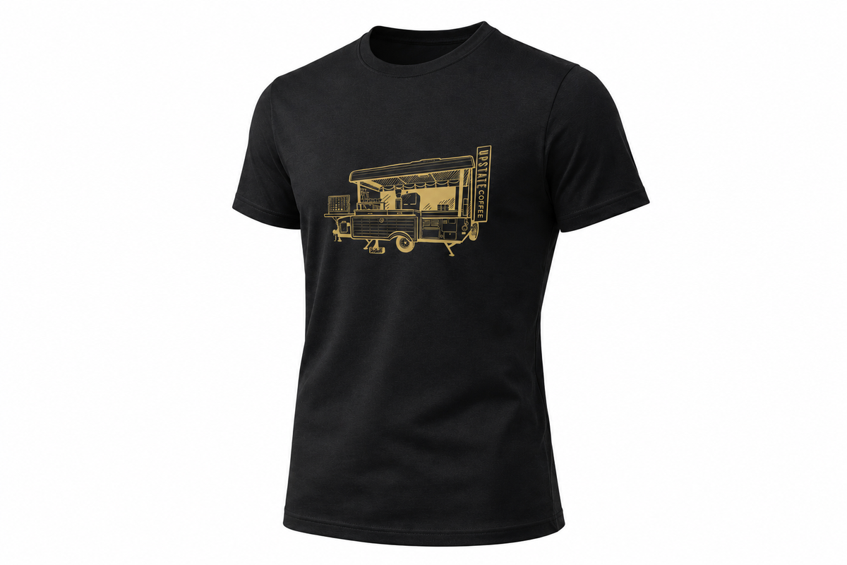 black t-shirt with Original Upstate Coffee Camper Café T-Shirt graphic design