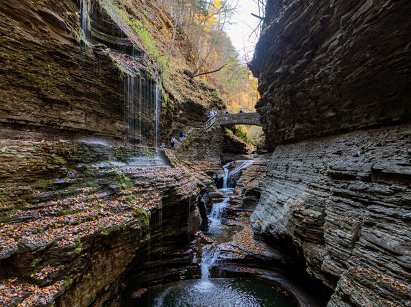 Waterfall and stone bridge on the Gorge Trail at Watkins Glen State Park, NY